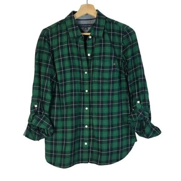 Tommy Hilfiger Green & Blue Square Plaid Long Sleeve Button Down S - Picture 1 of 4